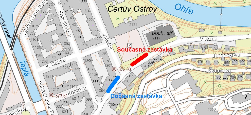 Mapa Vítězné ulice s vyznačením dočasné zastávky. Zdroj ČÚZK.