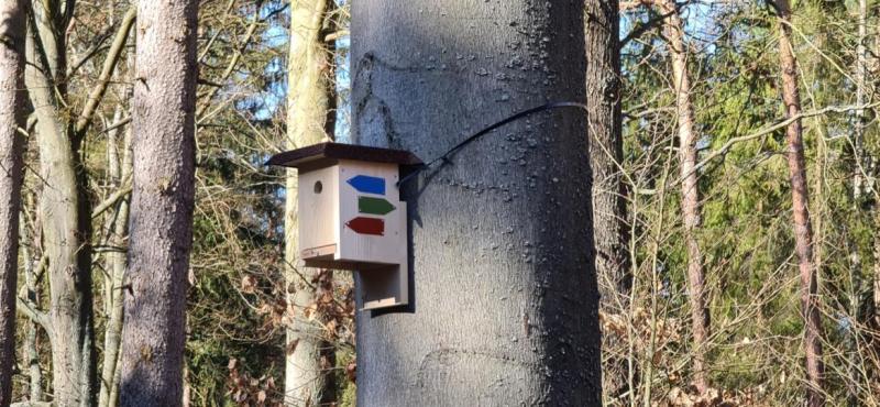 Ptačí budka v Lázeňských lesích s označením běžeckých tras