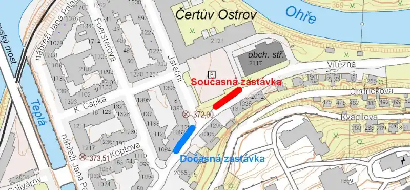 Mapa Vítězné ulice s vyznačením dočasné zastávky. Zdroj ČÚZK.