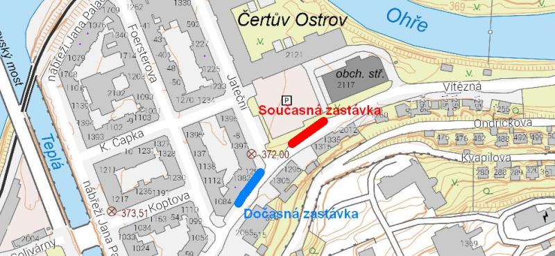 Mapa Vítězné ulice s vyznačením dočasné zastávky. Zdroj ČÚZK.