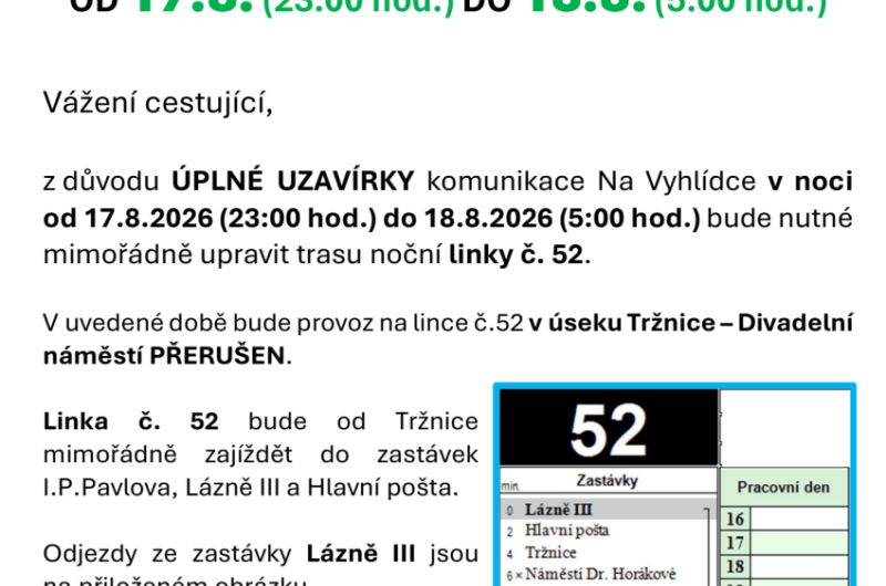 výluka MHD linka 52
