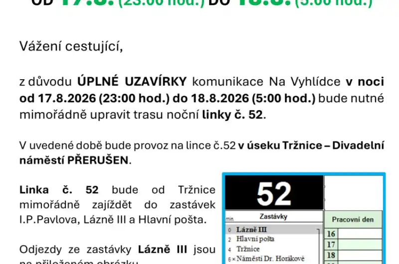 omezení MHD při uzavírce ulice Na Vyhlídce