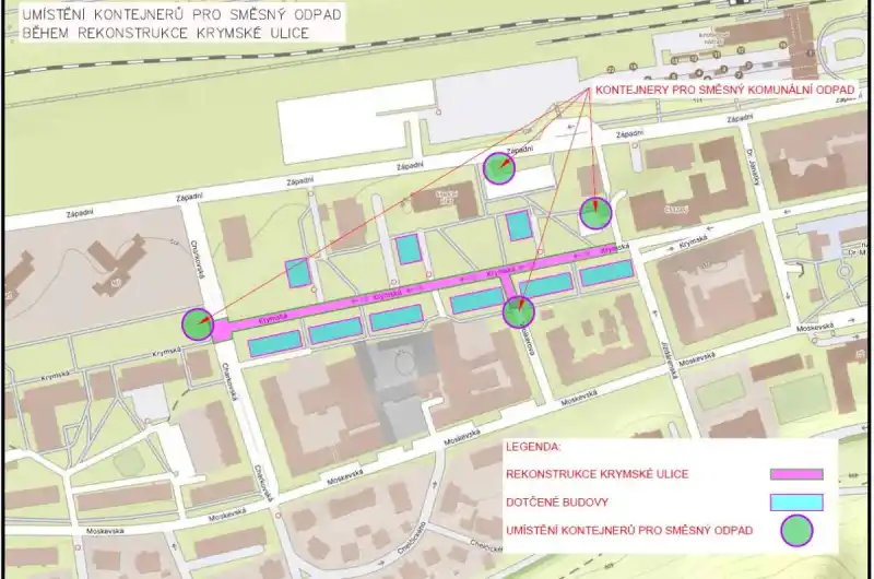 Mapa Krymské ulice a okolí s dočasným umístěním kontejnerů na tříděný odpad