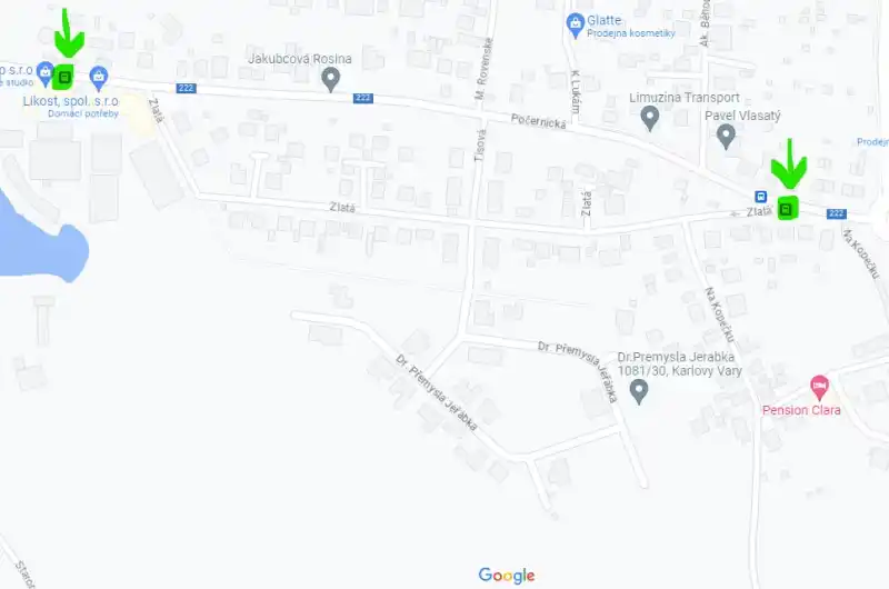 Zeleně jsou označena místa (autobusové zastávky), kde je nejbližší odpadkový koš.