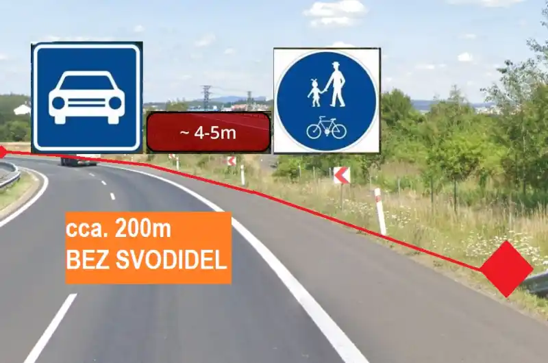 Příjezd do KV. Konec svodidla u cyklostezky.