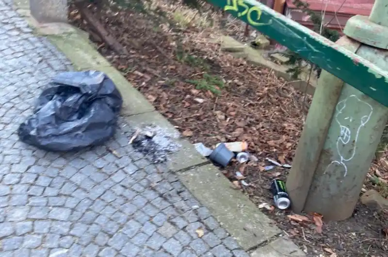 Na chodníku jsou vysypané odpadky. Viz foto. Děkuji.