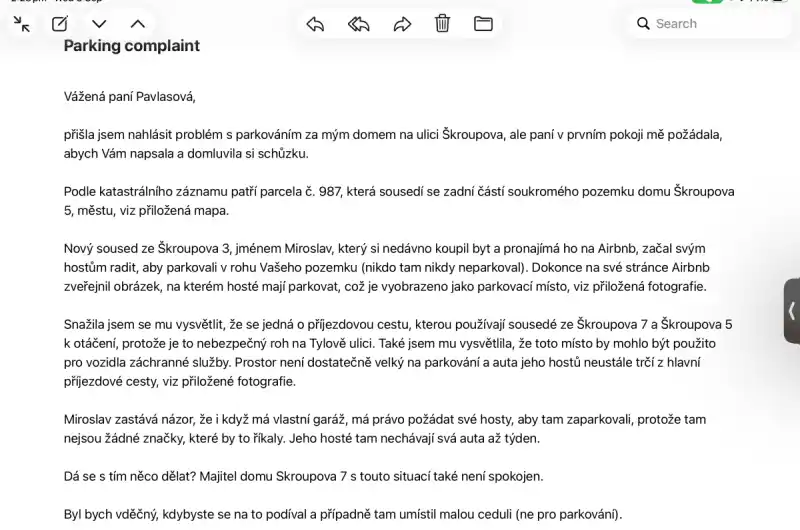 Stížnost na parkování od Vladimíra Matveeva, Skroupova 5