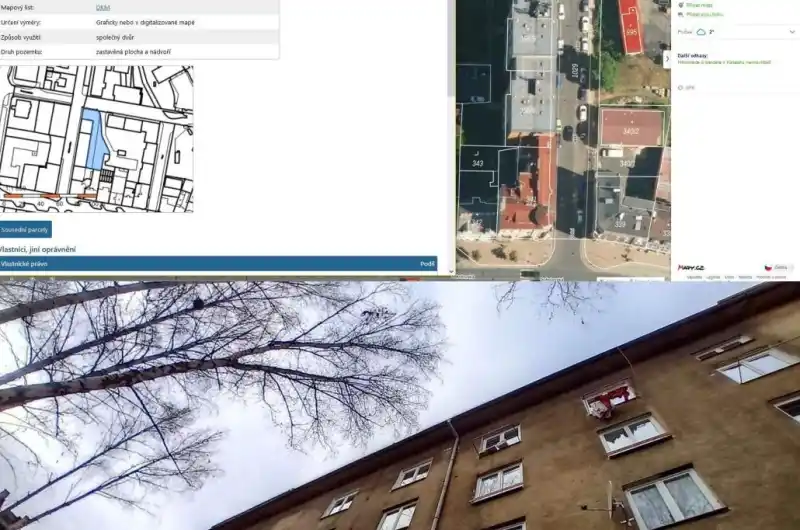majakovskeho pozemek vnitroblok, stromy nahnute 