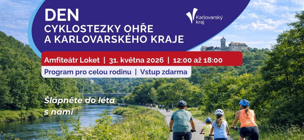 Plakátek na akci, informace o místě a čase konání, rodina na kolech
